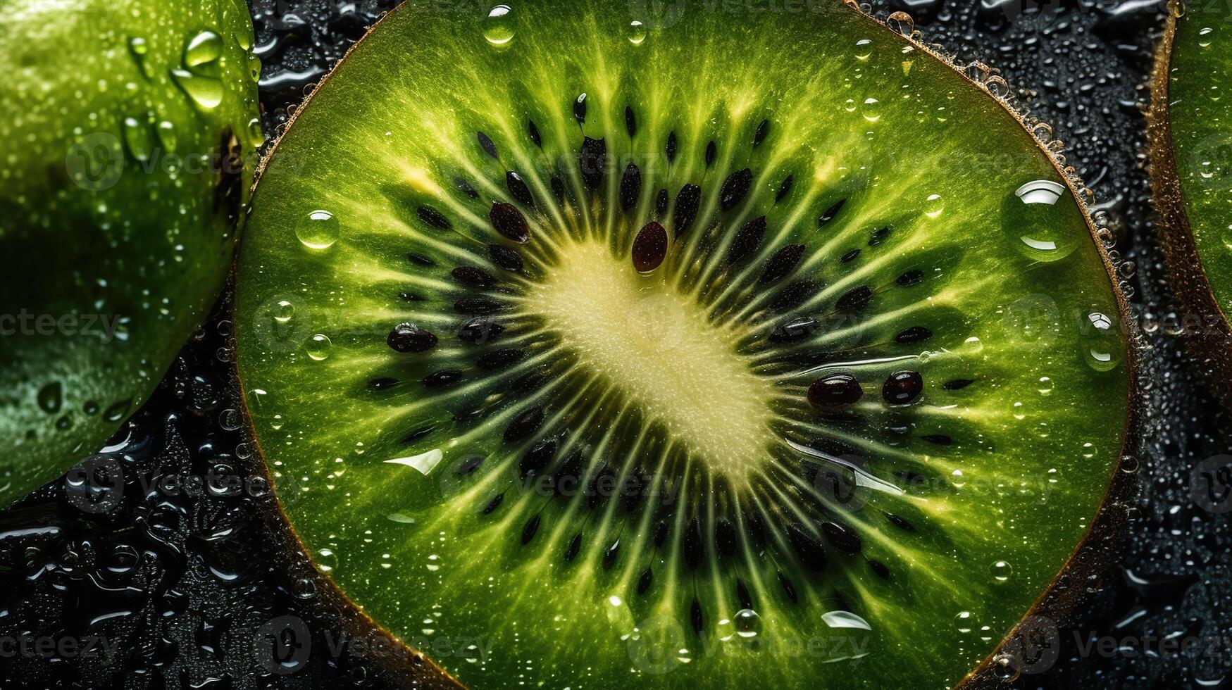 doce fatiado kiwi fundo, adornado com brilhante gotas do água , gerado ai imagem foto