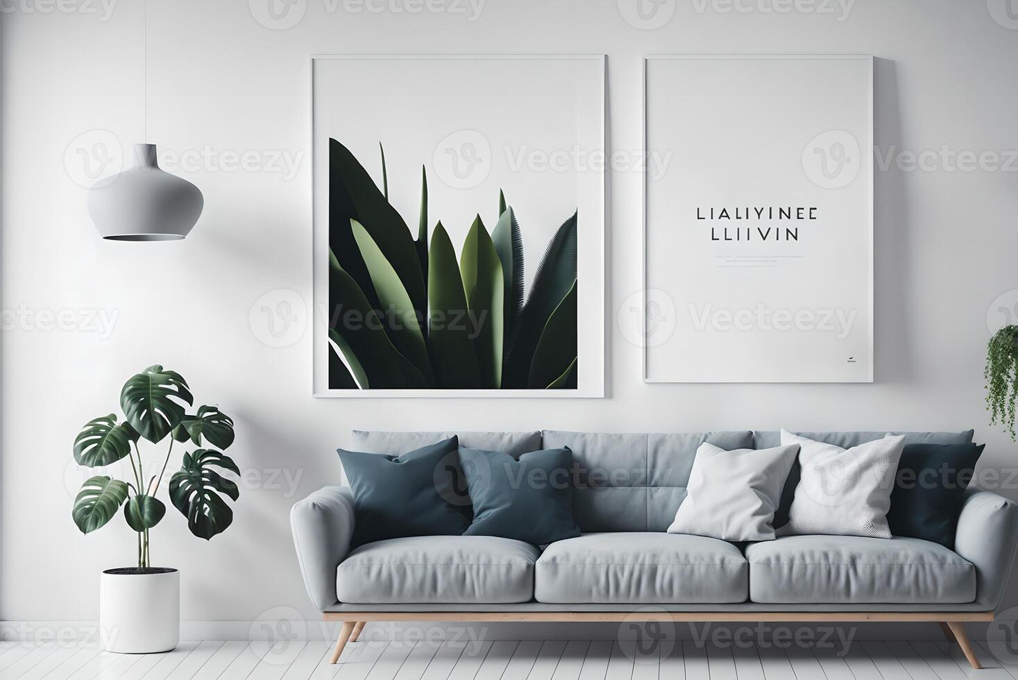 quadro, Armação sobre branco gabinete com plantar Próximo para cinzento sofá dentro minimalista vivo quarto interior, ai gerado foto
