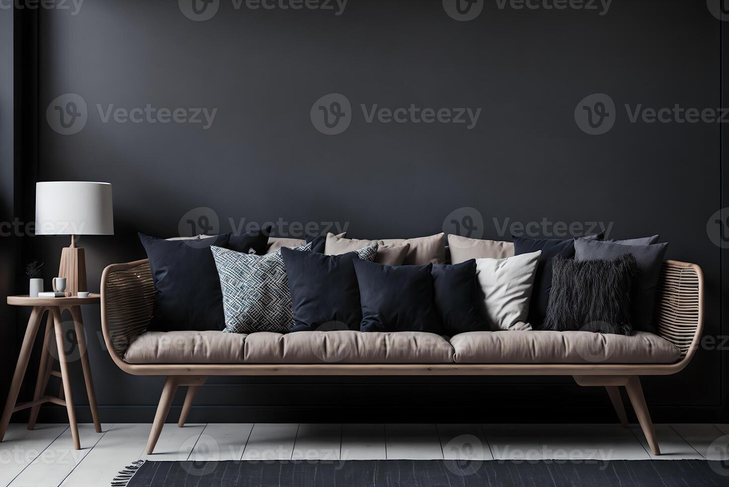 de madeira sofá com Sombrio almofadas dentro Scandi estilo vivo sala, ai gerado foto