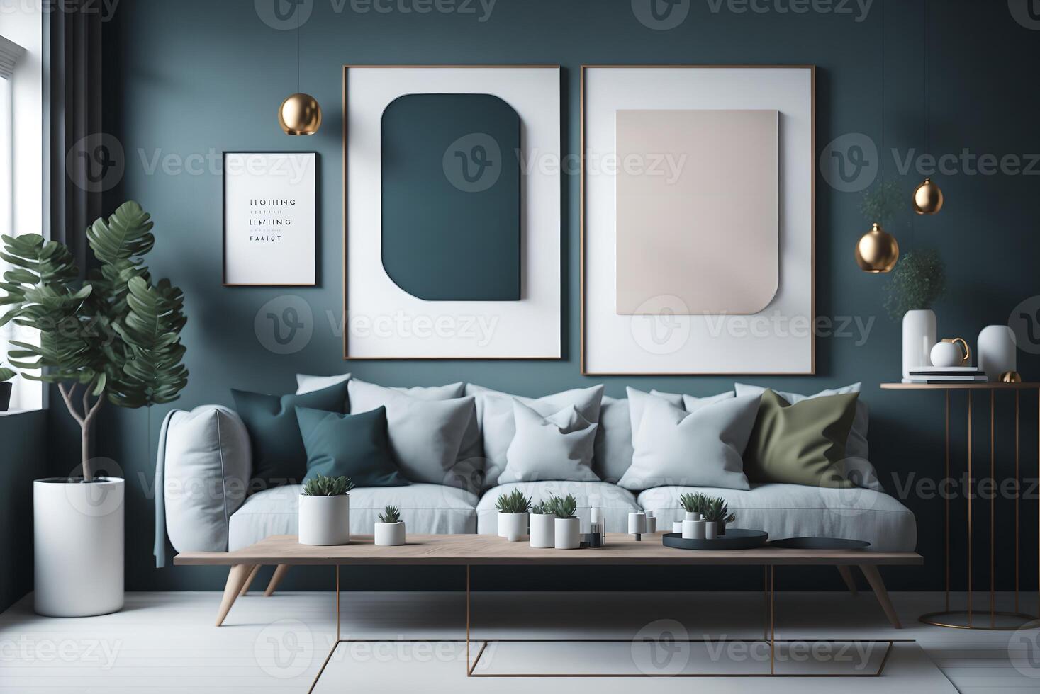 moderno interior fundo, vivo sala, escandinavo estilo zombar acima poster quadro, 3d renderizar, 3d ilustração, ai gerado foto