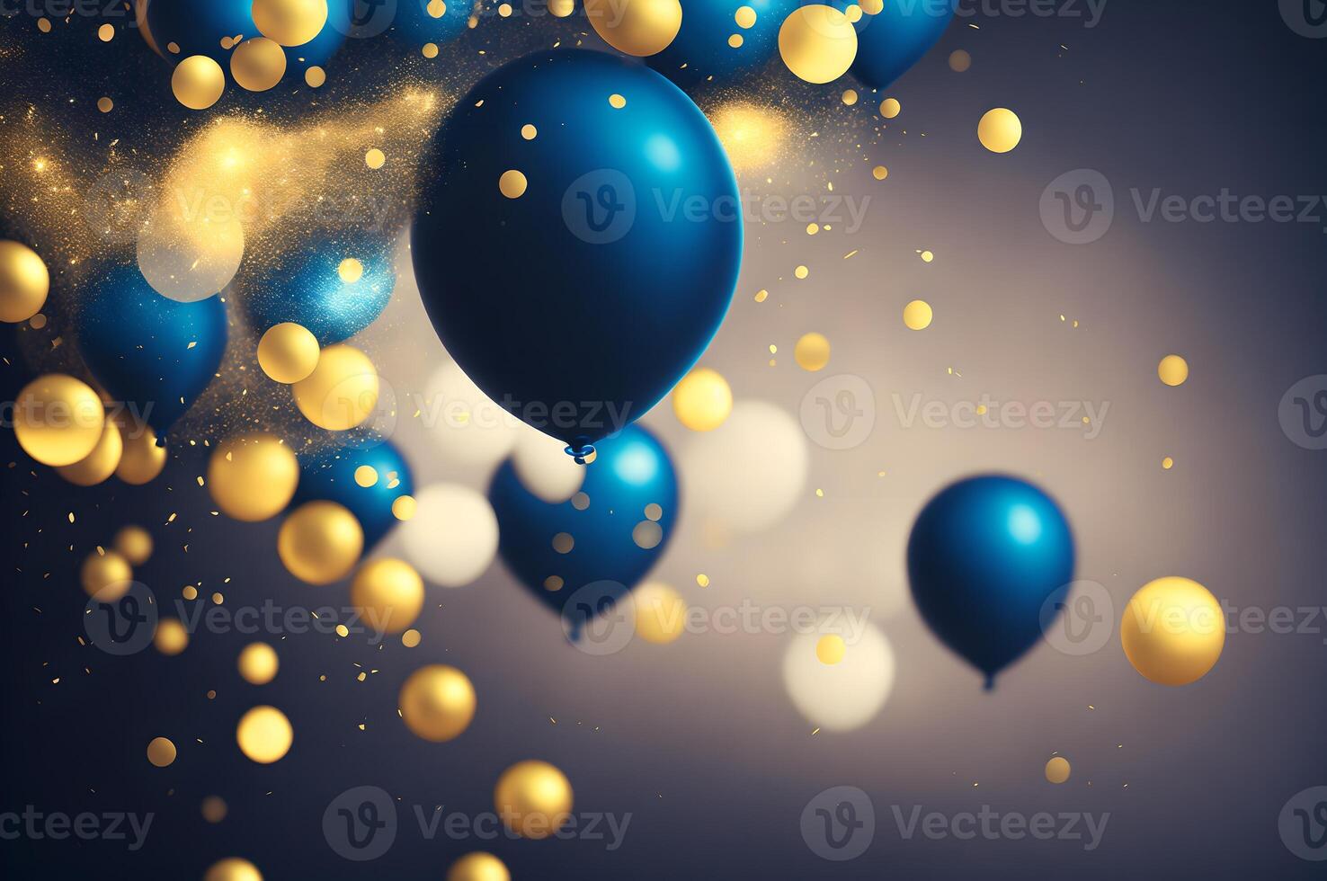 azul e ouro balão com espaço em uma azul fundo, aniversário celebração cartão ilustração , ai gerado foto