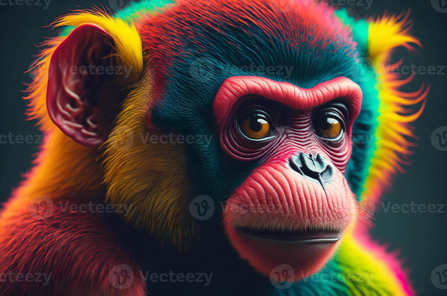 digital arte retrato do uma colorida macaco isolado dentro uma Sombrio fundo, animal ilustração ai gerado foto