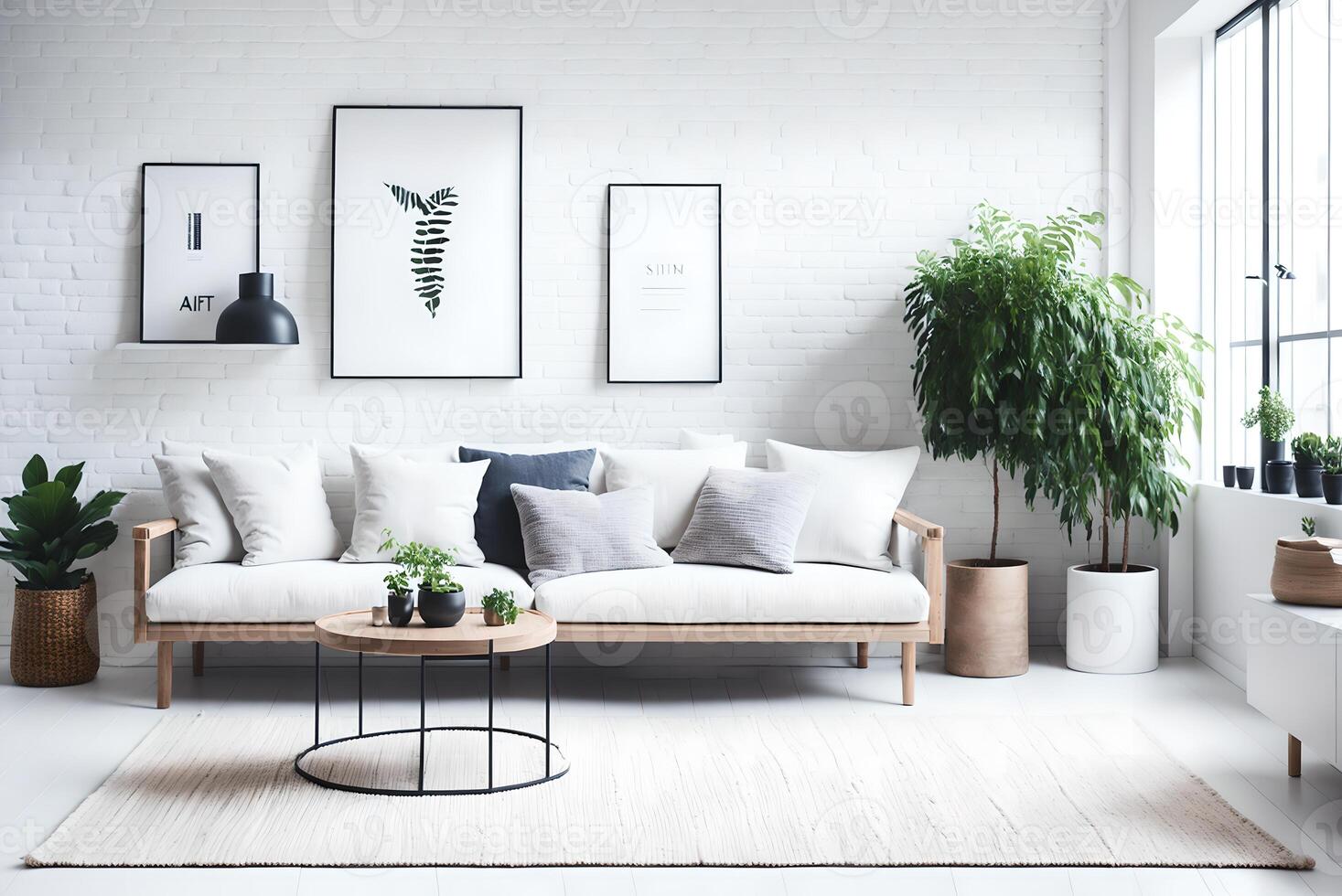 dentro uma branco loft apartamento com uma de madeira sofá, plantas, e uma de madeira mesa em uma tapete, ai gerado foto