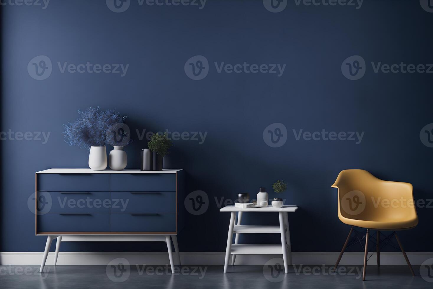 interior cômoda com cadeira e decoração, Sombrio azul parede zombar acima fundo, 3d Renderização, ai gerado foto