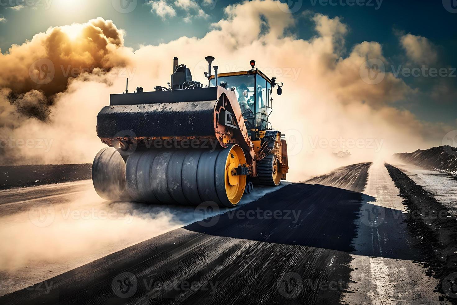 trabalhador operativo asfalto pavimentar máquina finalizador durante estrada construção e reparação funciona. neural rede gerado arte foto