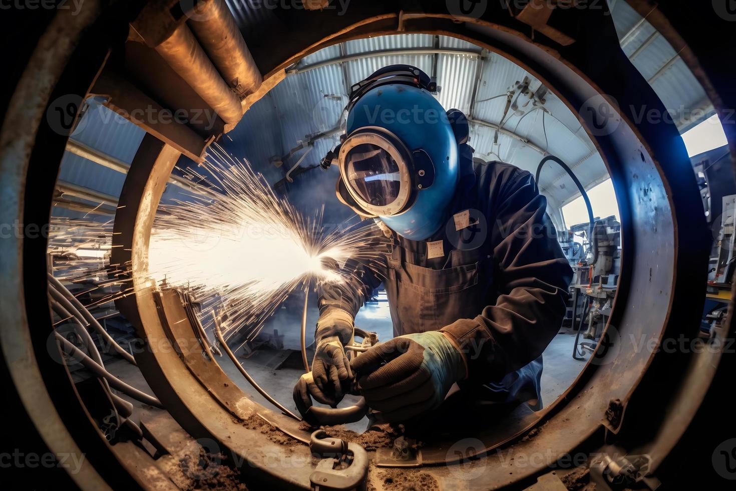 soldador trabalho com industrial automotivo parte dentro metal fábrica. neural rede gerado arte foto