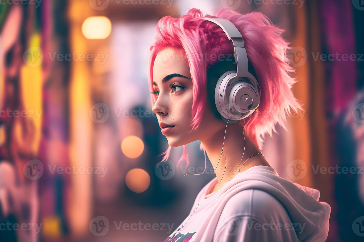 retrato do jovem menina com Rosa cabelo ouvindo música com fones de ouvido em cidade rua. neural rede gerado arte foto