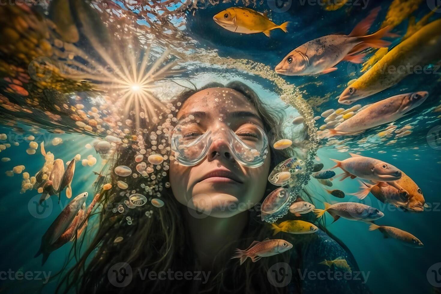 sereia menina nada embaixo da agua entre a peixe. neural rede ai gerado foto