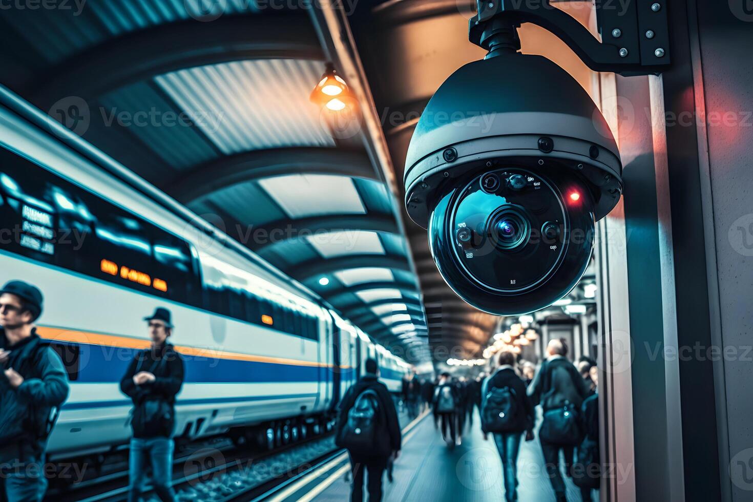 cctv Câmera operativo em trem estação plataforma. neural rede ai gerado foto