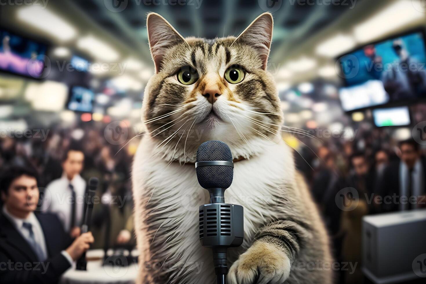 gato artista canta para dentro uma microfone. neural rede ai gerado foto