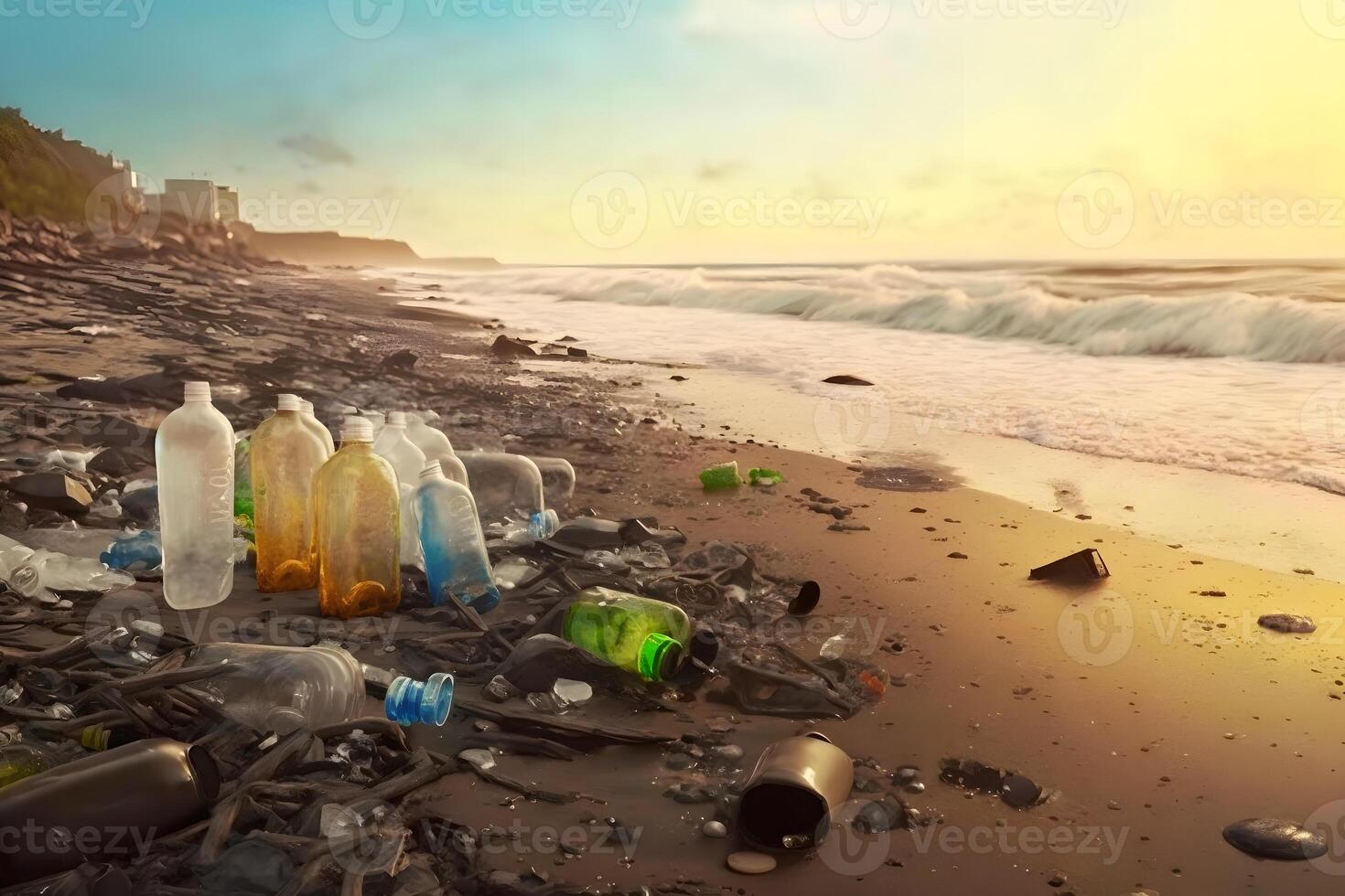 derramado lixo em de praia do grande cidade. esvaziar usava sujo plástico garrafas. sujo mar arenoso costa a Preto mar. de Meio Ambiente poluição. ecológico problema. neural rede ai gerado foto