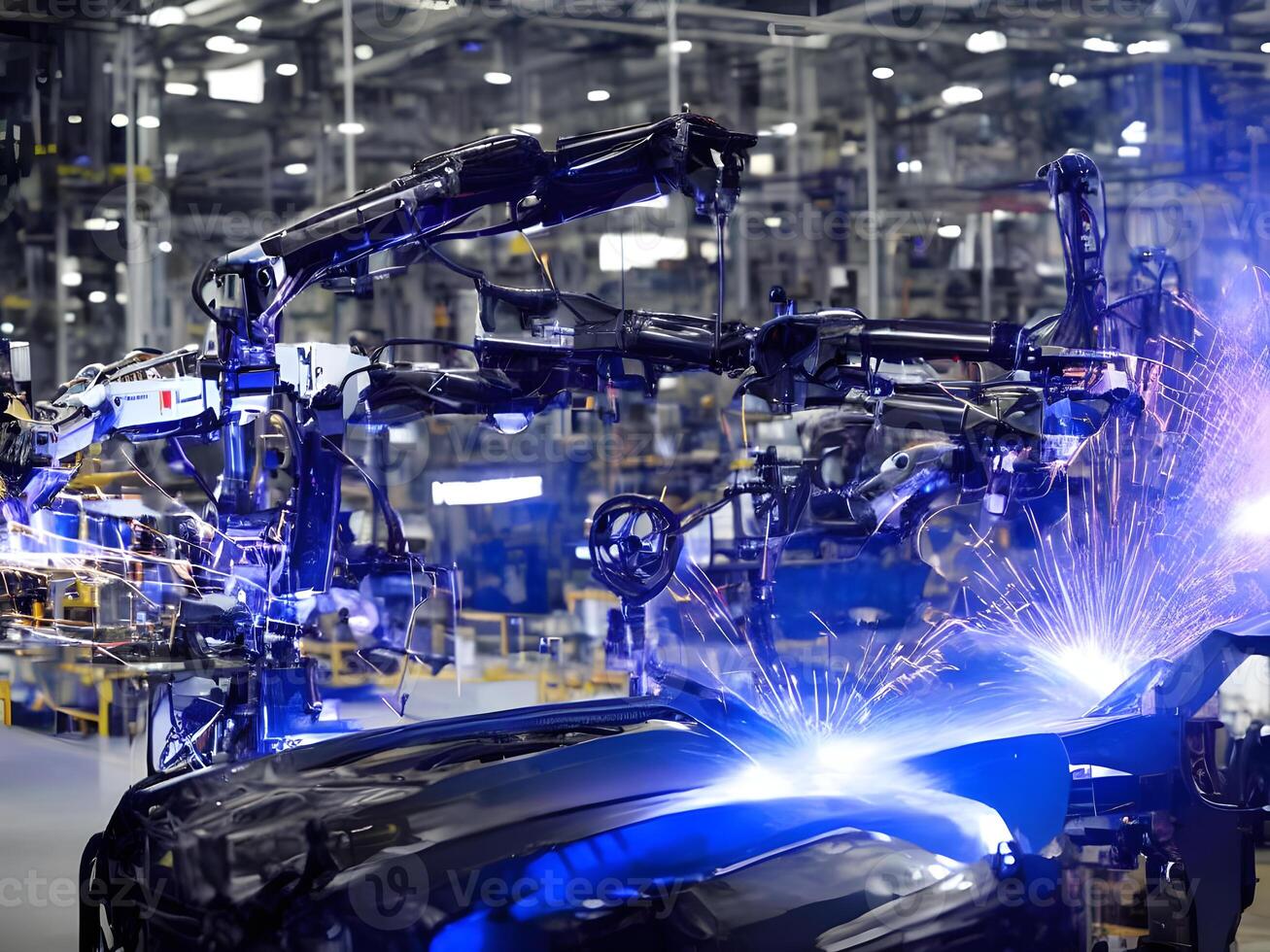 moderno Alto tecnologia industrial robótico braço em a fábrica Produção linha Produção linha é ser soldado. generativo ai. foto