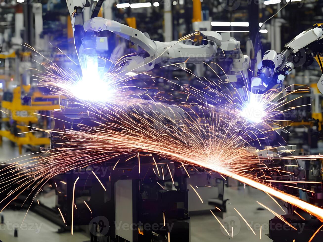 moderno Alto tecnologia industrial robótico braço em a fábrica Produção linha Produção linha é ser soldado. generativo ai. foto