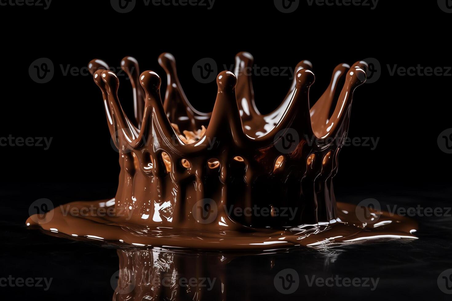 chocolate líquido coroa salpicos em Preto com ondulações. ai gerado foto