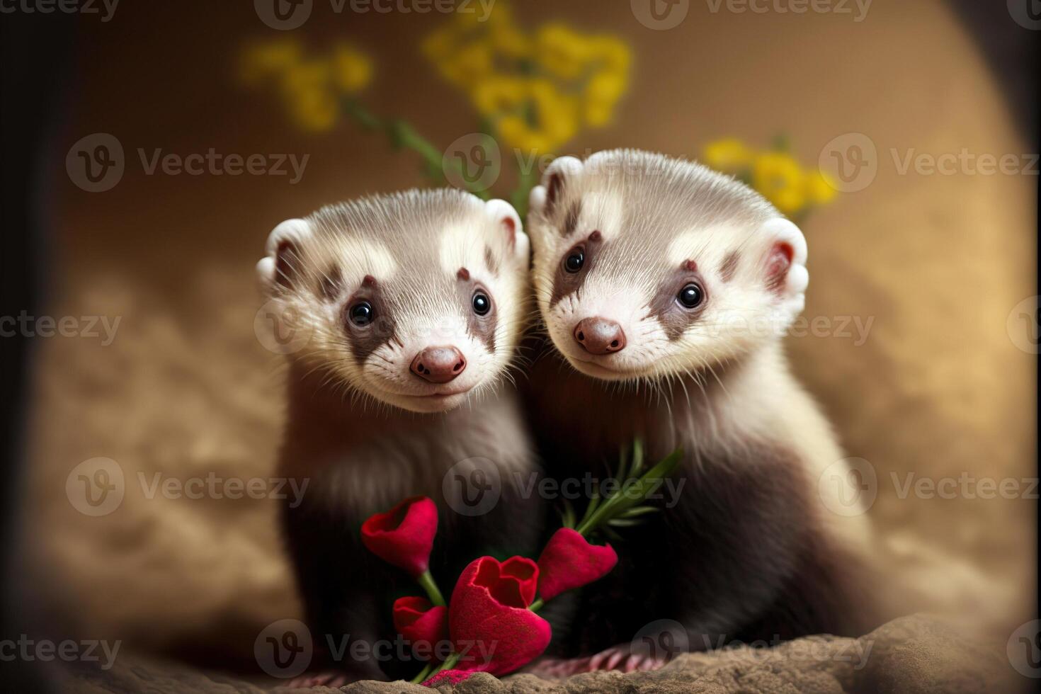 ilustração do dois furões dentro amor abraçando cada outro, com flores, furão covil dentro fundo, dia dos namorados dia ai gerado foto