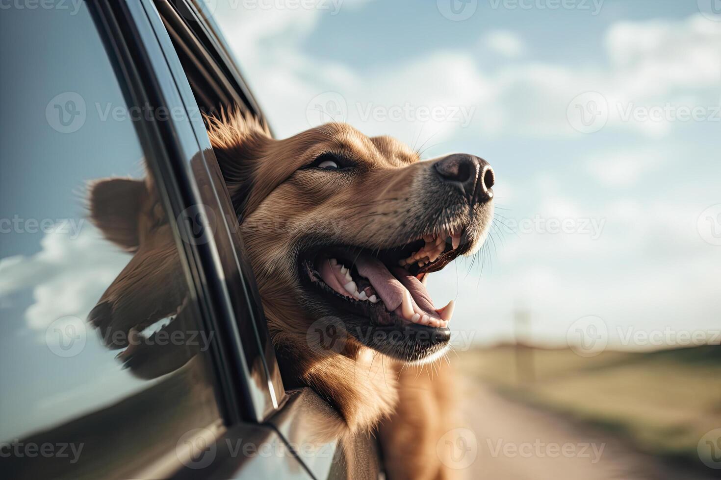 feliz cachorro parece Fora a partir de carro janela. estrada viagem com cachorro. generativo ai foto