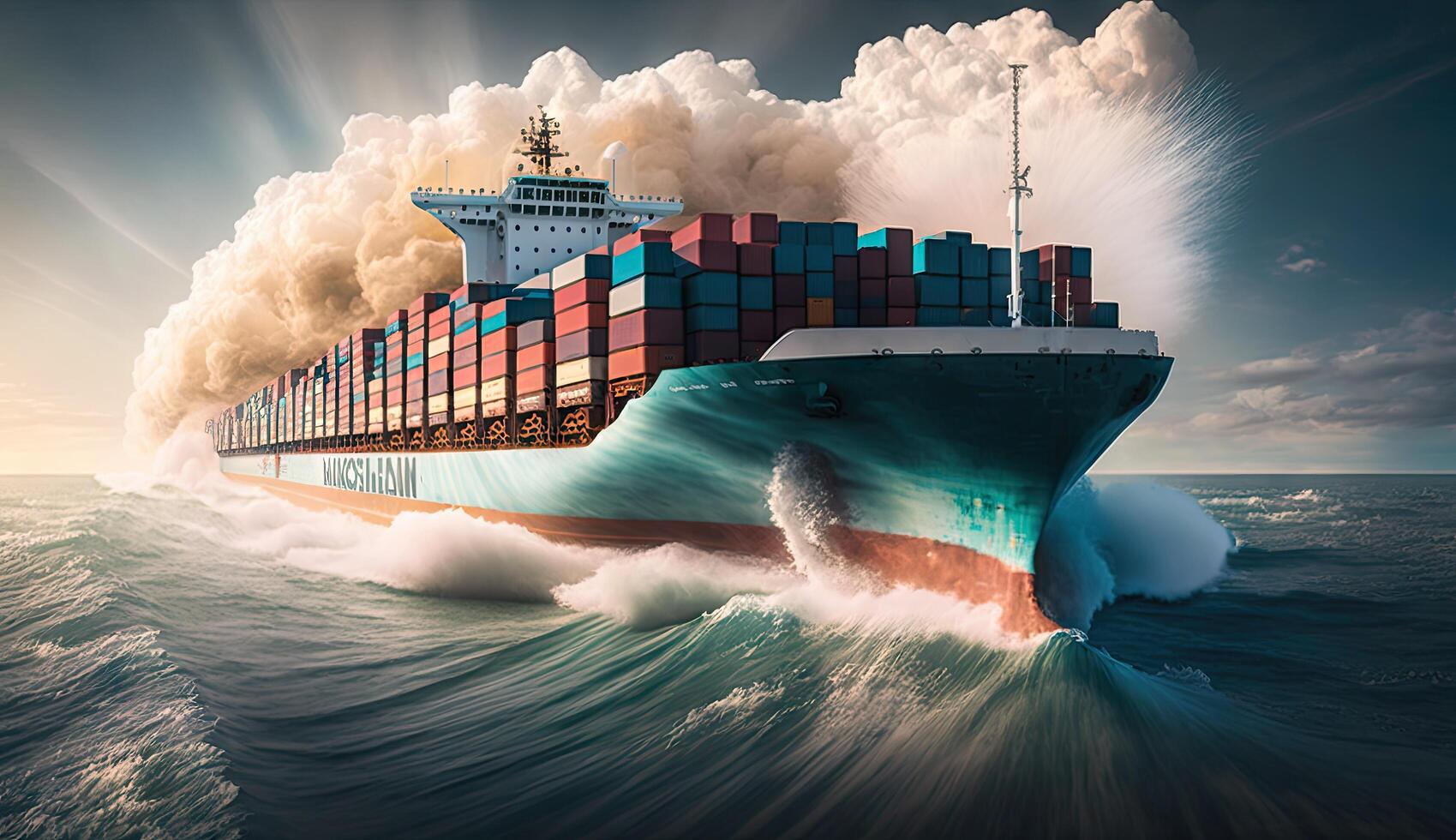 aéreo topo Visão do carga recipiente o negócio enviar, global expressar dentro a oceano, logístico frete Remessa e transporte, recipiente carga marítimo navio com generativo ai. foto