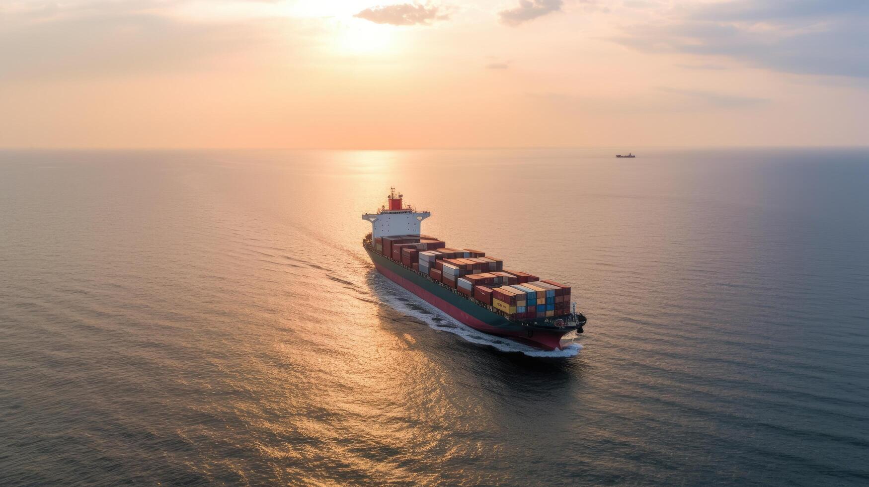 aéreo topo Visão do carga recipiente o negócio enviar, global expressar dentro a oceano, logístico frete Remessa e transporte, recipiente carga marítimo navio com generativo ai. foto