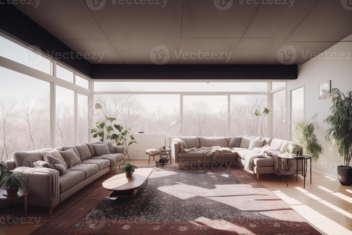 interior do moderno vivo quarto com sofá, café mesa e plantas. generativo ai foto