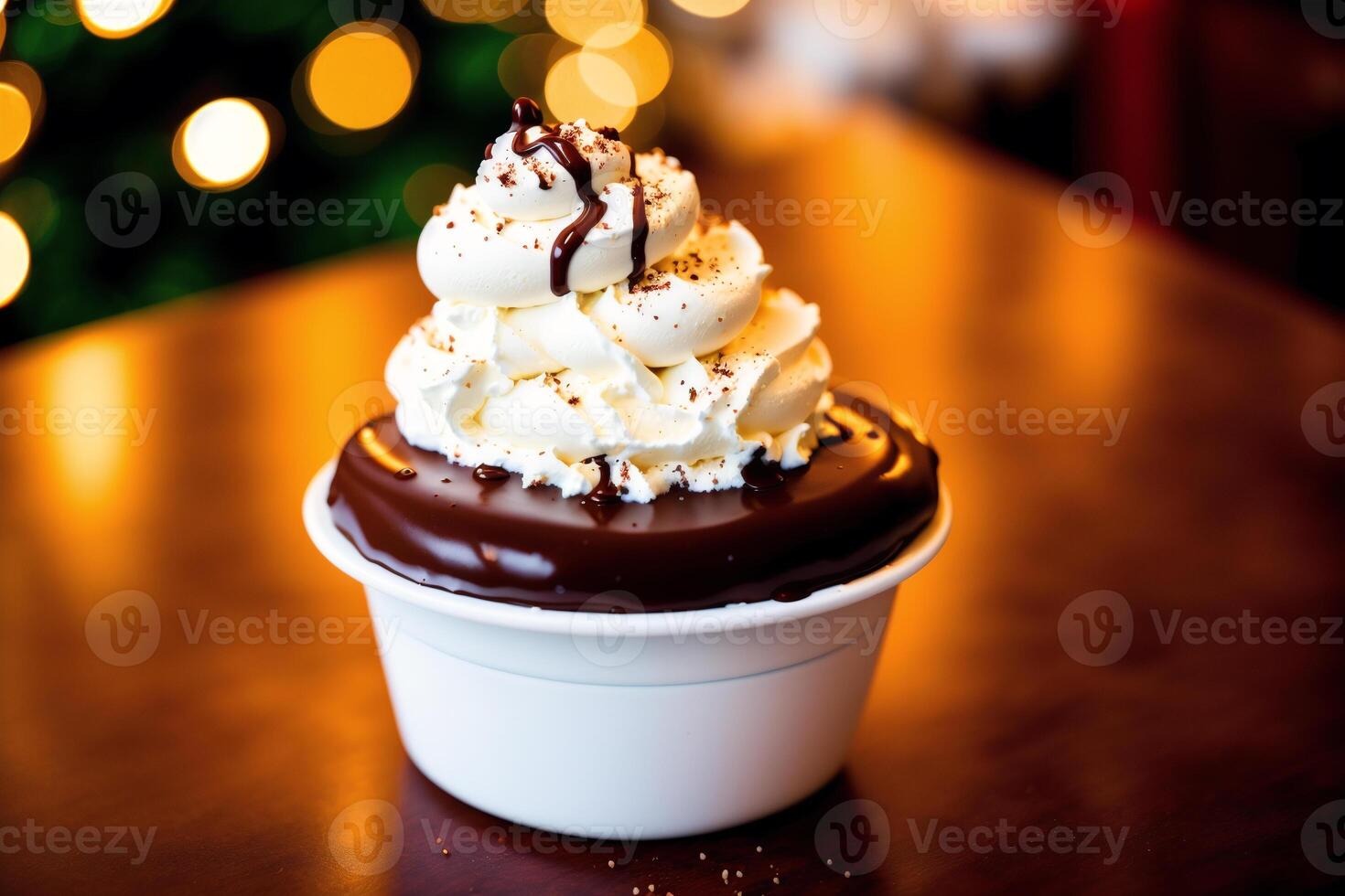 delicioso gelo creme cone com chocolate e açoitado creme em uma de madeira mesa. doce Comida. generativo ai foto