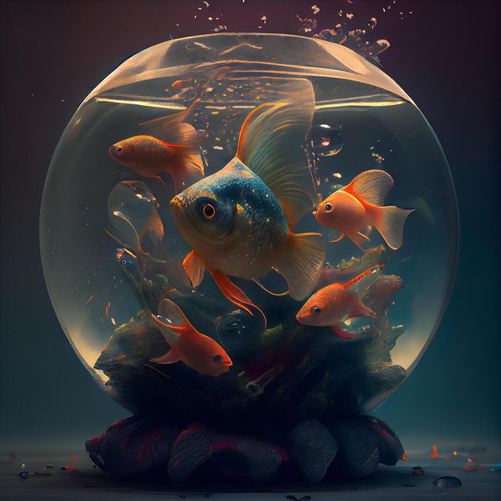 peixinho dentro uma volta vidro aquário em uma Sombrio fundo. 3d Renderização, ai generativo imagem foto