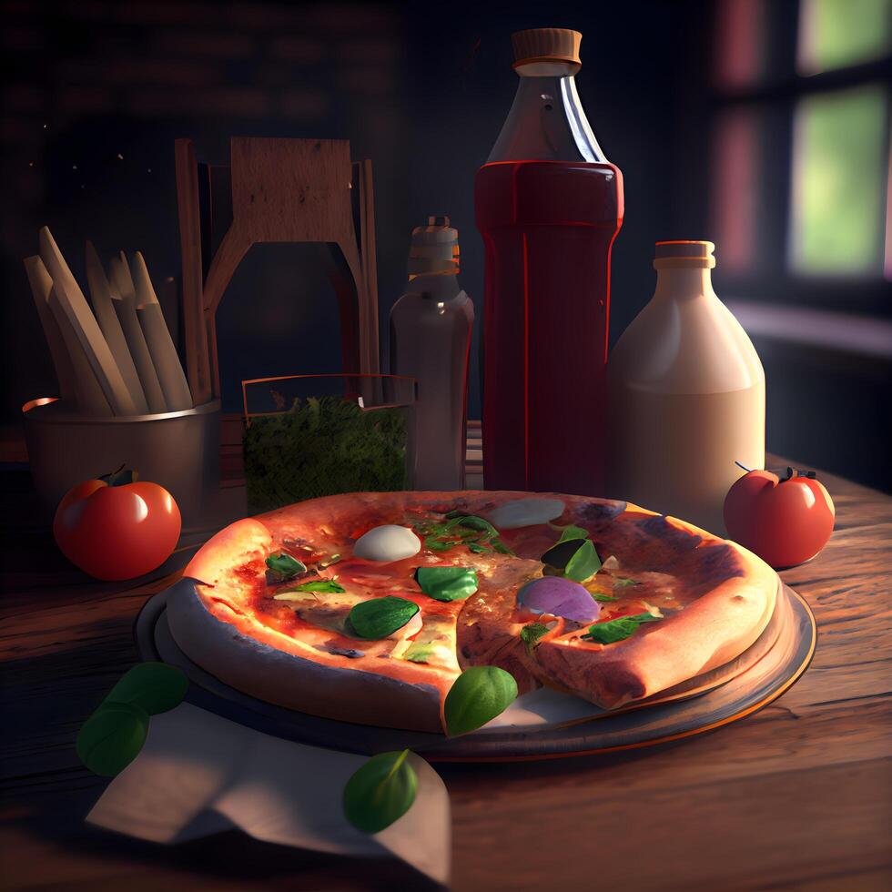 pizza com mussarela, tomate e manjericão em de madeira mesa, ai generativo imagem foto