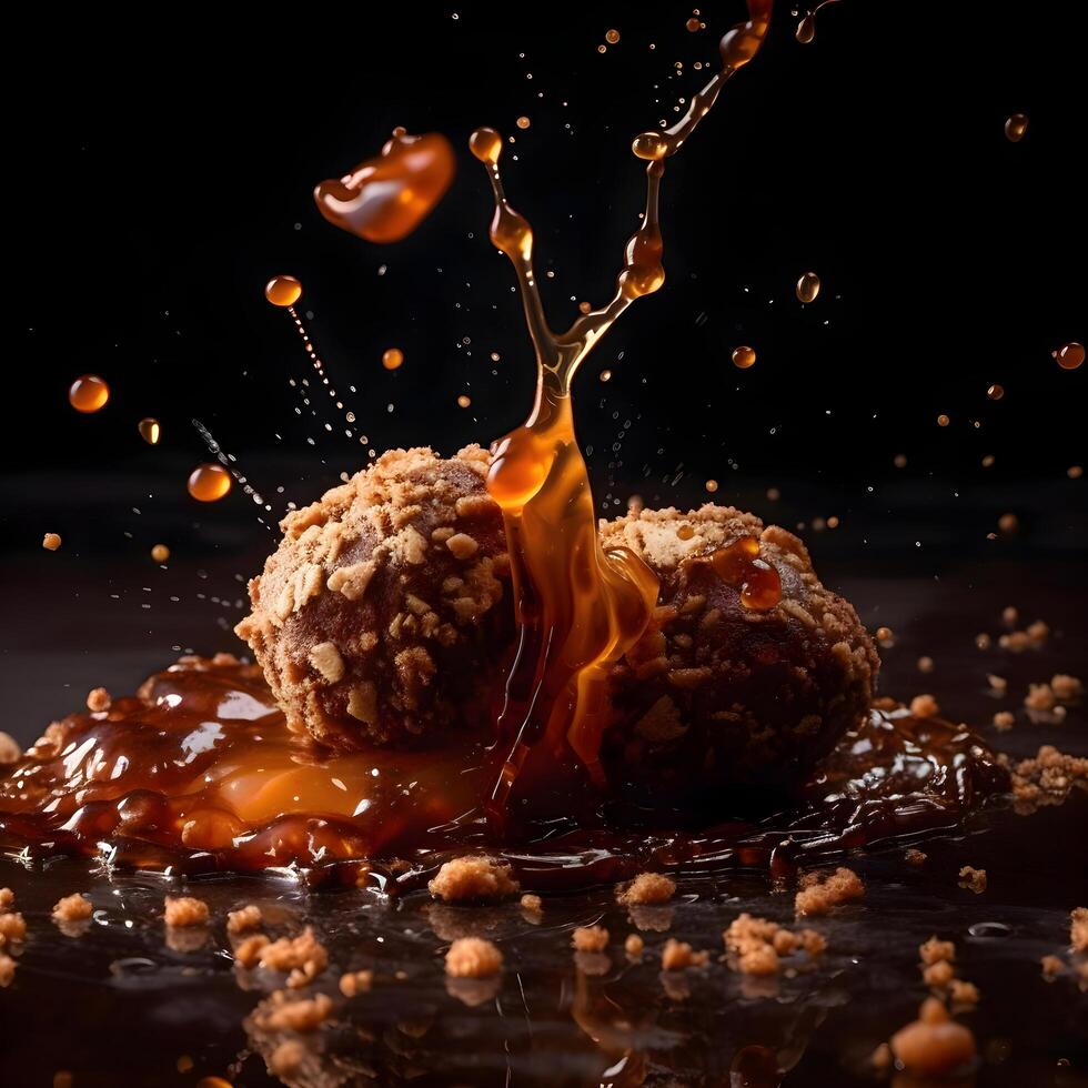 chocolate bolas com caramelo molho espirrando em uma Preto fundo., ai generativo imagem foto