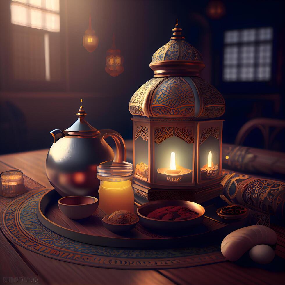 Ramadã kareem cumprimento cartão com querosene lâmpada. ilustração, ai generativo imagem foto