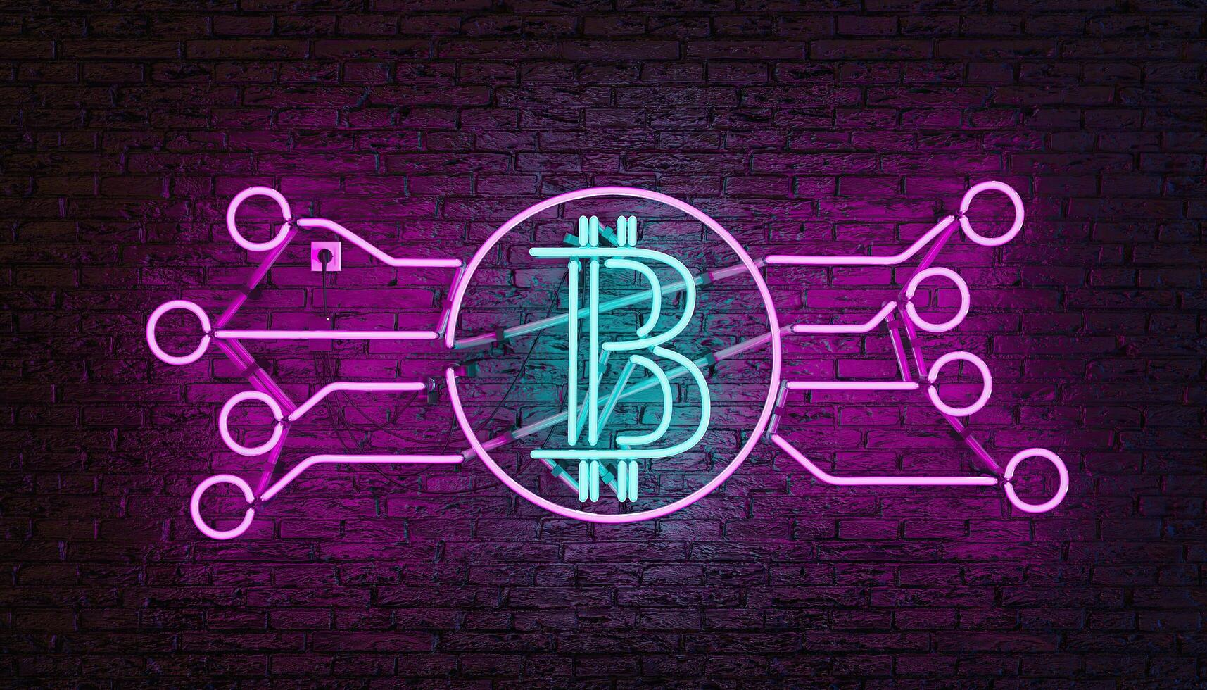 lâmpada de néon com logotipo bitcoin iluminado em azul e rosa na parede de tijolos. Renderização 3d foto