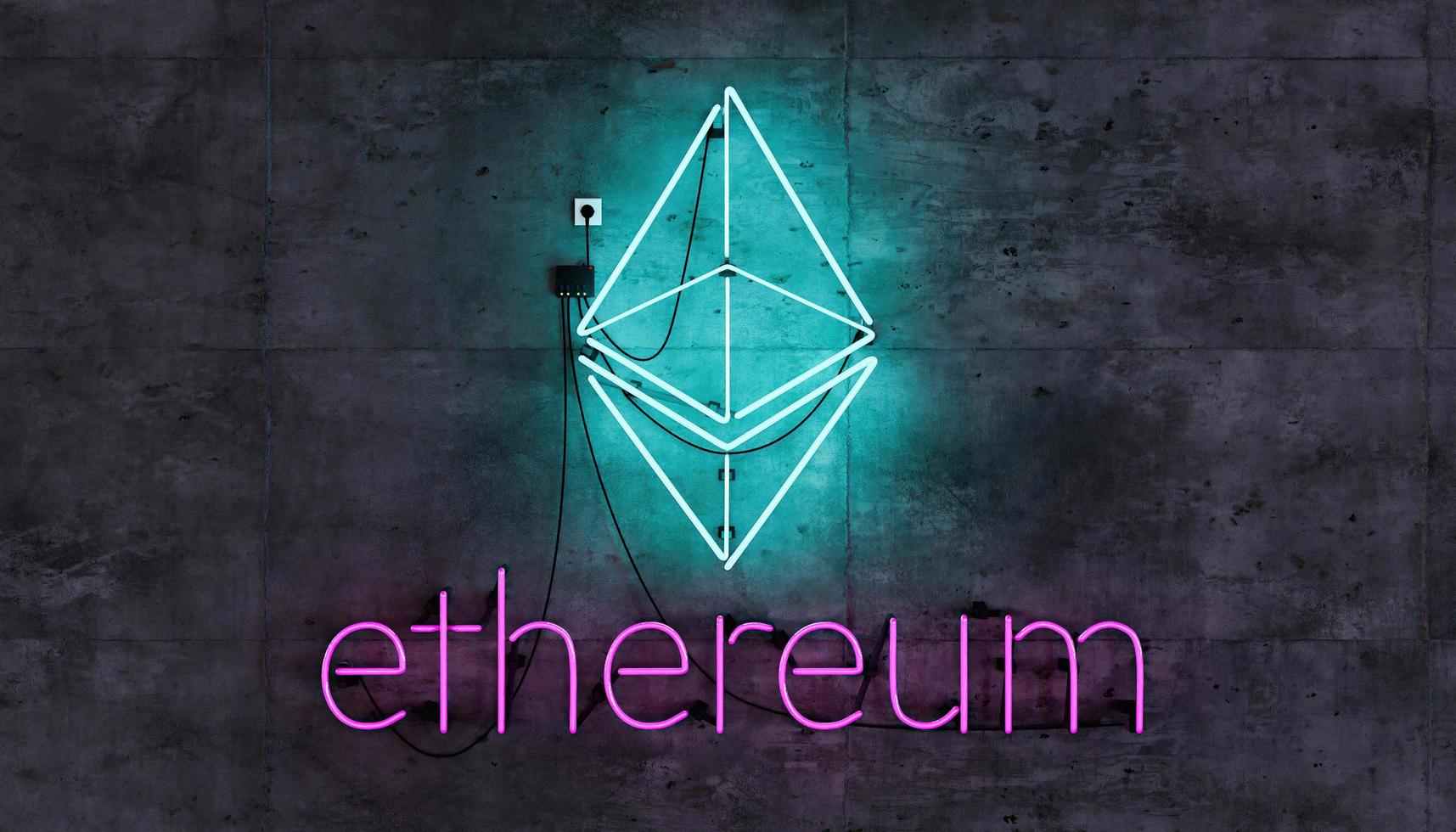 símbolo ethereum na lâmpada de néon na parede de concreto foto