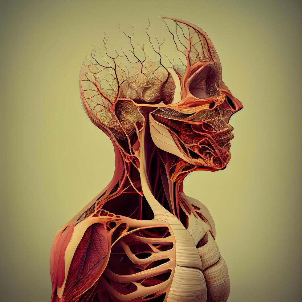 humano corpo anatomia com circulatório sistema. 3d renderizar. médico fundo., ai generativo imagem foto