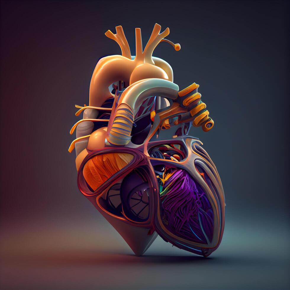 humano coração anatomia em uma Sombrio fundo. 3d render ilustração., ai generativo imagem foto