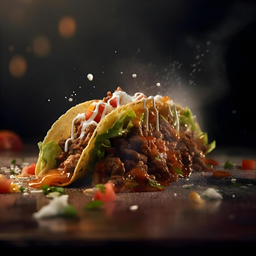 tacos com carne e legumes em uma Preto fundo com fumaça, ai generativo imagem foto