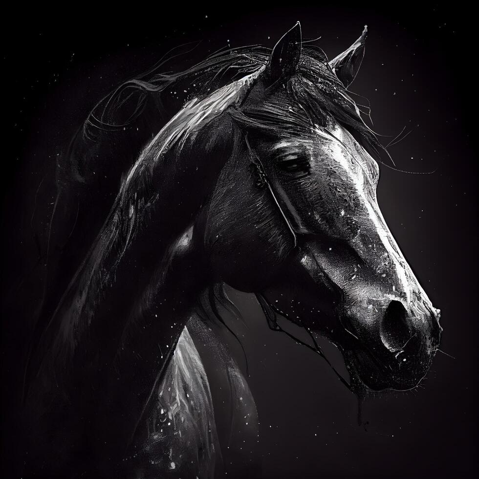 cavalo retrato com gotas do água em Preto fundo. digital pintura, ai generativo imagem foto