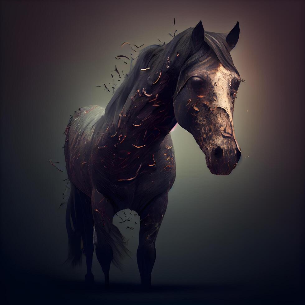 cavalo com fogo dentro Está corpo em Sombrio fundo. 3d Renderização, ai generativo imagem foto