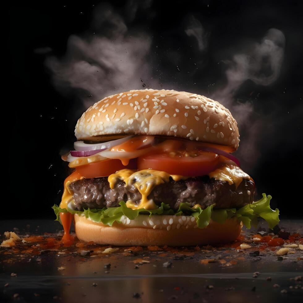 Hamburger em uma Sombrio fundo com fumaça, fechar acima, ai generativo imagem foto