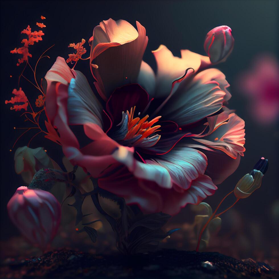 3d ilustração do uma lindo flor dentro uma Sombrio fundo. digital pintura., ai generativo imagem foto