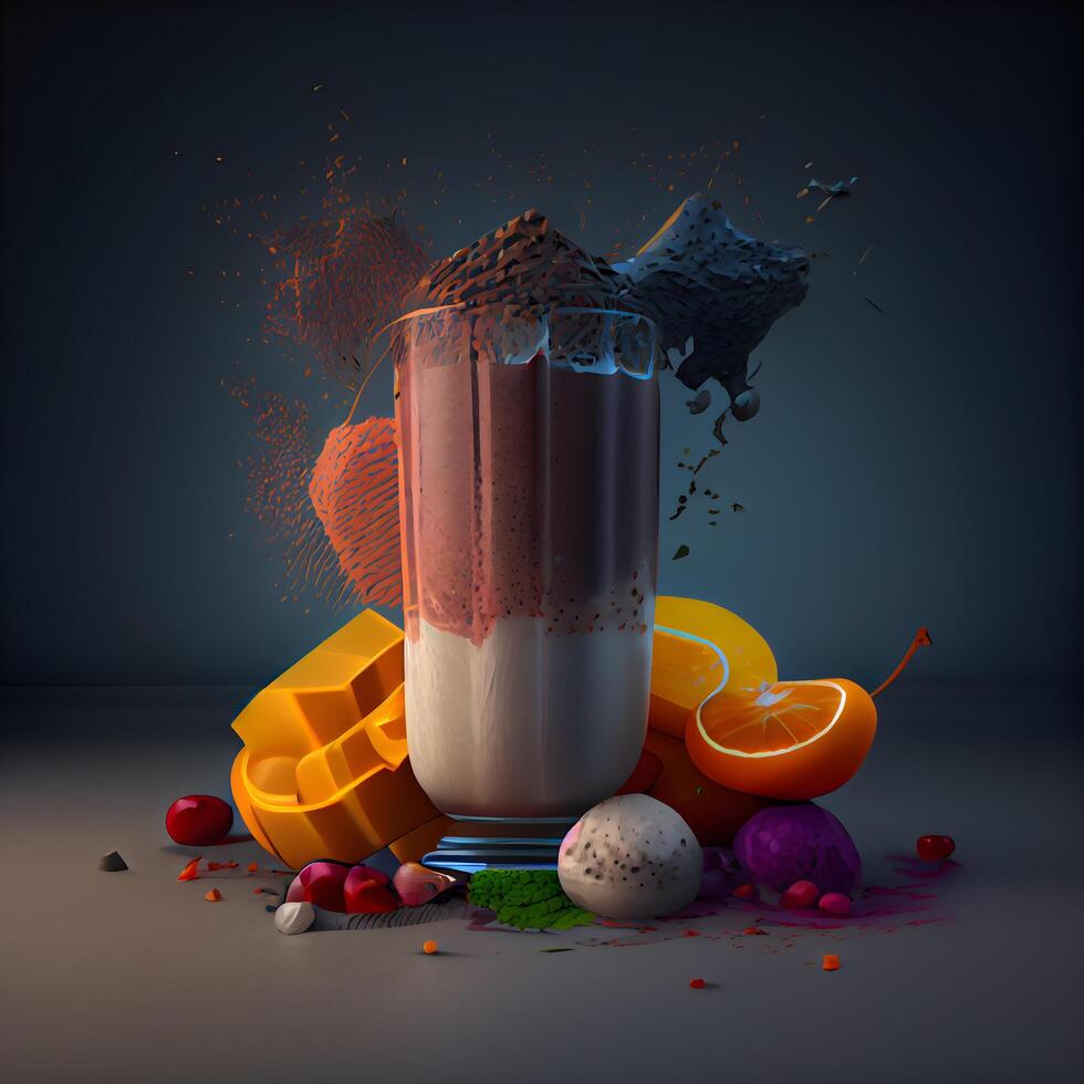 chocolate milkshake com salpicos e frutas em Sombrio fundo, ai generativo imagem foto