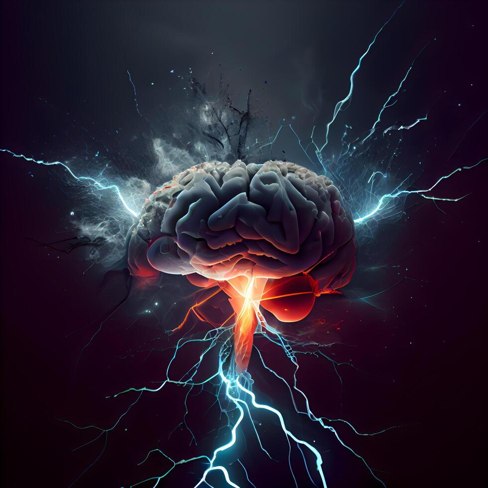 humano cérebro e elétrico relâmpago em Sombrio fundo. 3d ilustração., ai generativo imagem foto