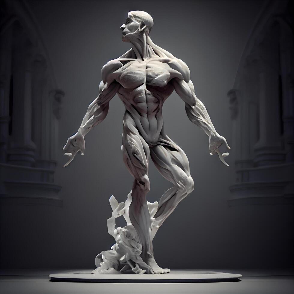 3d Renderização do uma masculino escultura fez do branco mármore em uma cinzento fundo, ai generativo imagem foto