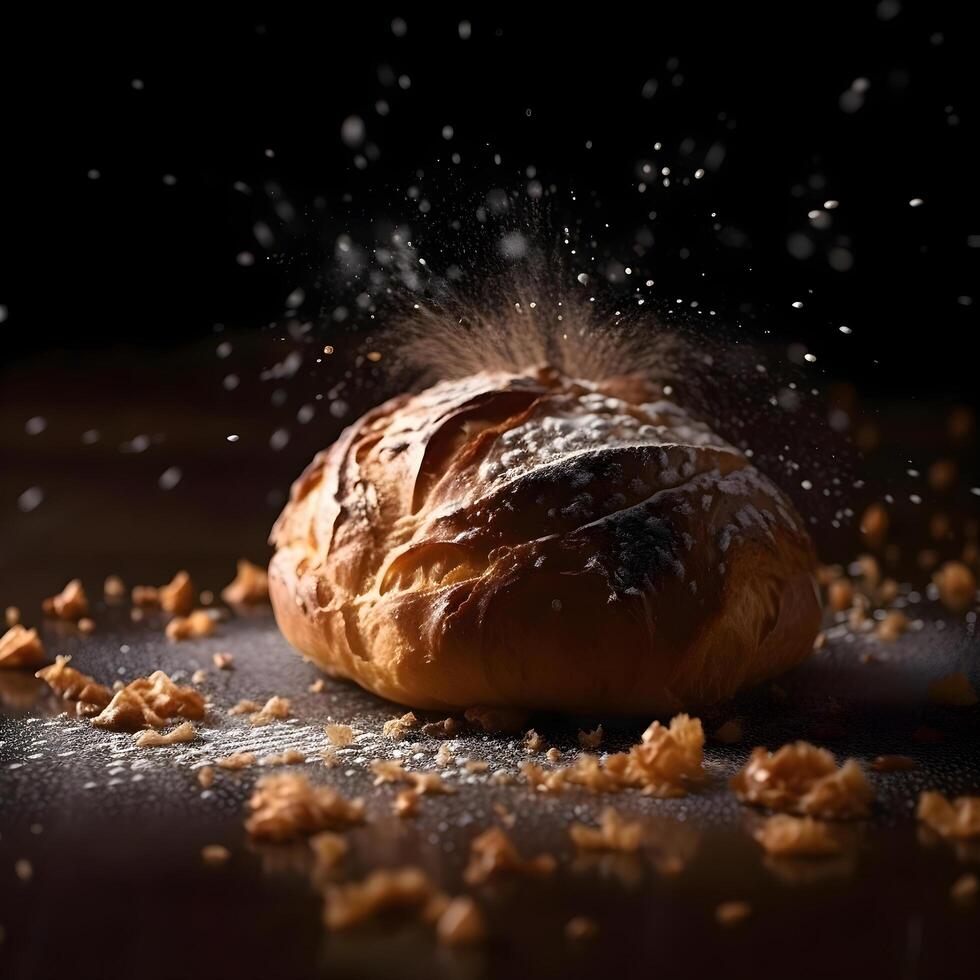 pão com sésamo sementes e salpicos do água em uma Sombrio fundo, ai generativo imagem foto