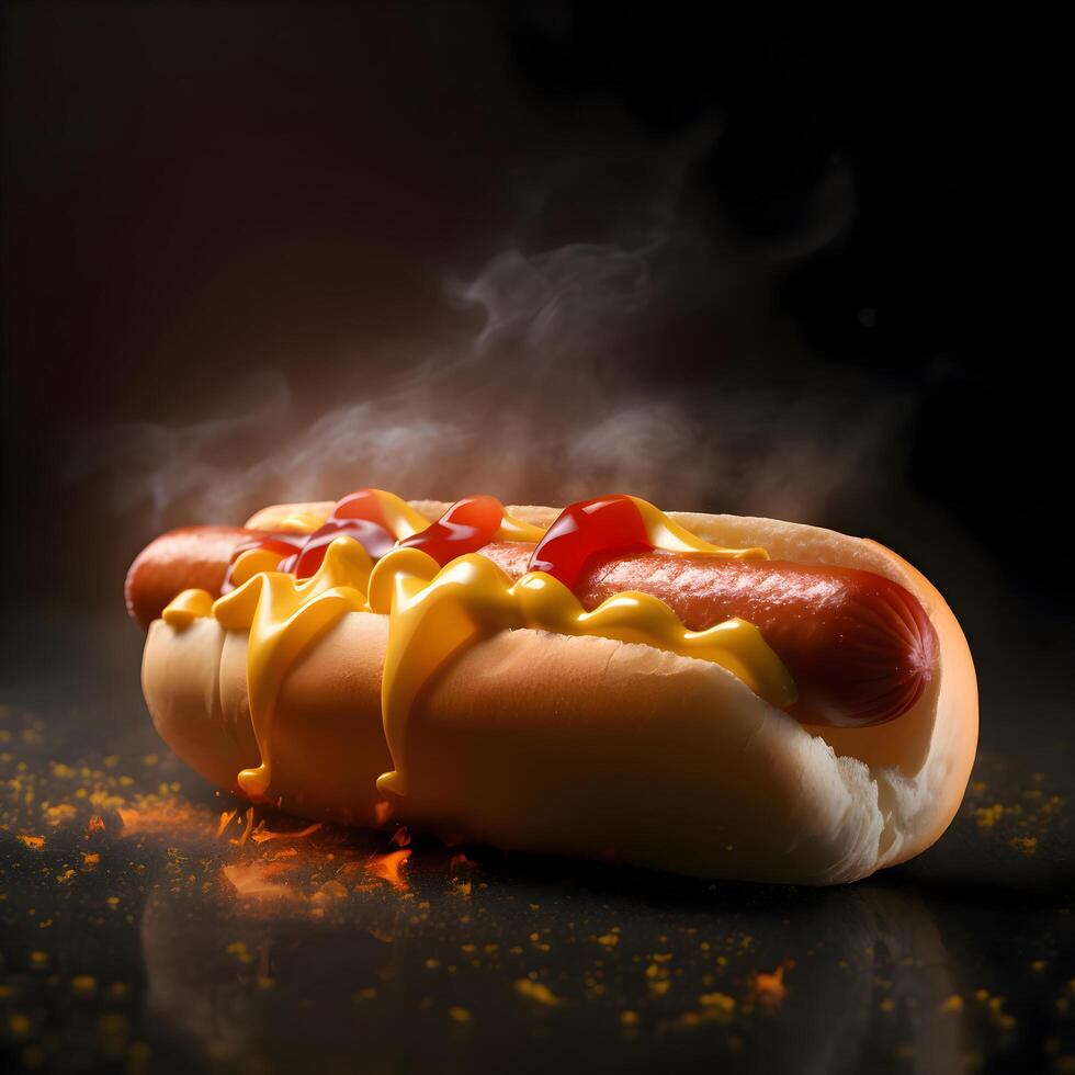 quente cachorro com mostarda e ketchup em uma Preto fundo com fumaça, ai generativo imagem foto