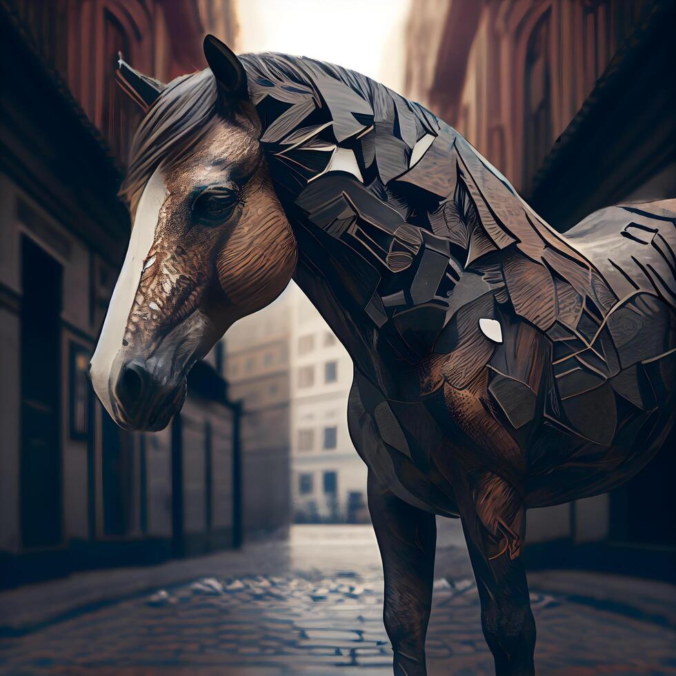 cavalo escultura dentro a Centro do Praga, tcheco república. 3d Renderização., ai generativo imagem foto