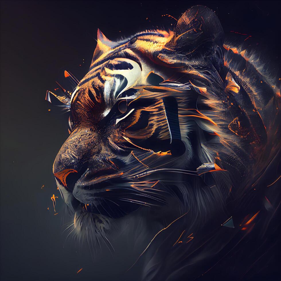 tigre retrato com fogo efeito em Sombrio fundo. digital pintura., ai generativo imagem foto