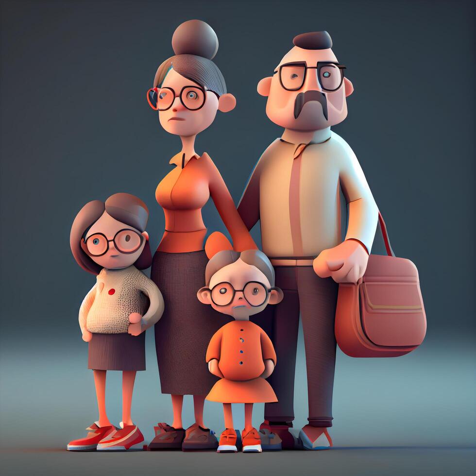 feliz família. pai, mãe, filha e filho. 3d Renderização, ai generativo imagem foto