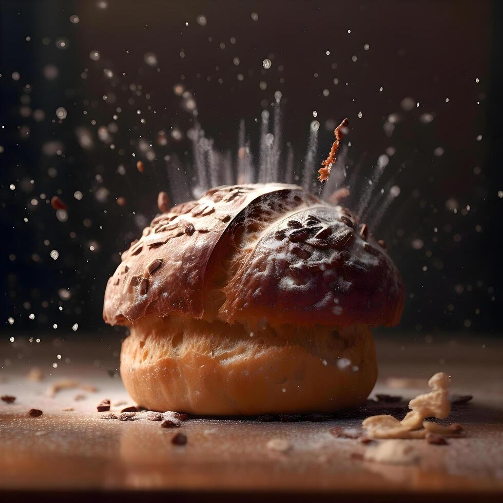 hamburguer com chocolate e nozes queda para dentro a ar em uma Sombrio fundo, ai generativo imagem foto