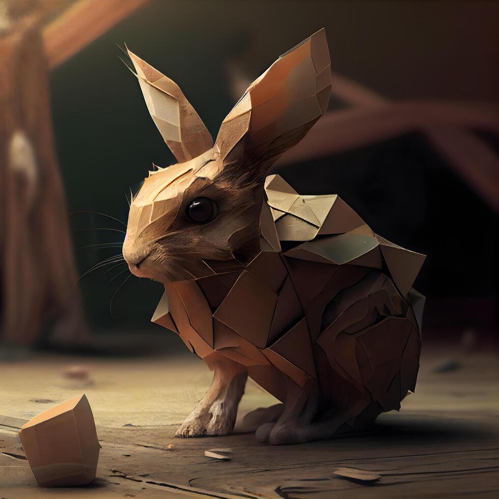 Coelho origami fez do papel em uma de madeira fundo. 3d Renderização, ai generativo imagem foto