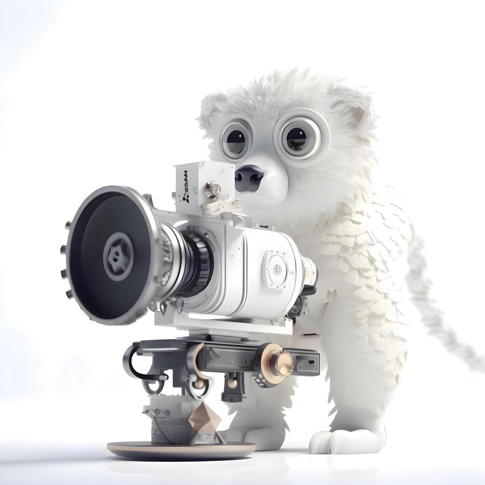 branco polar Urso com uma Câmera em uma branco fundo. 3d ilustração, ai generativo imagem foto