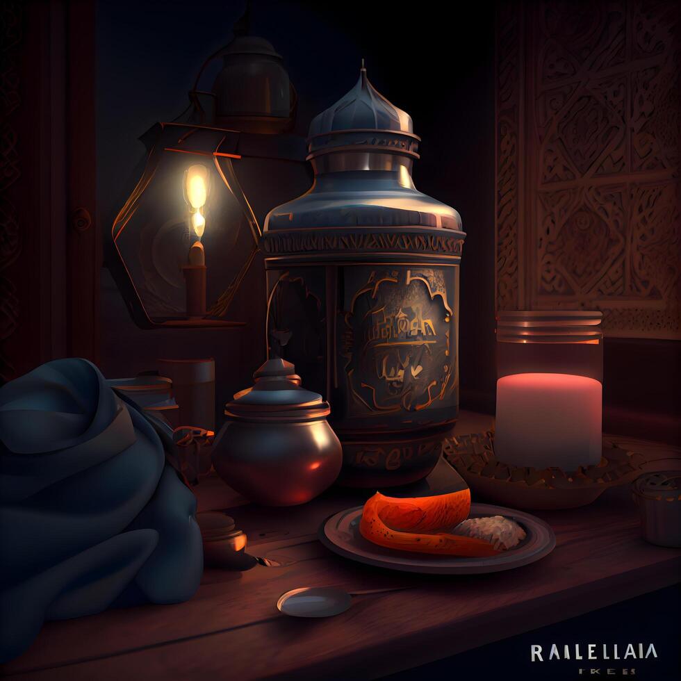 Ramadã kareem cumprimento cartão com árabe lanternas, óleo luminária e tangerina, ai generativo imagem foto