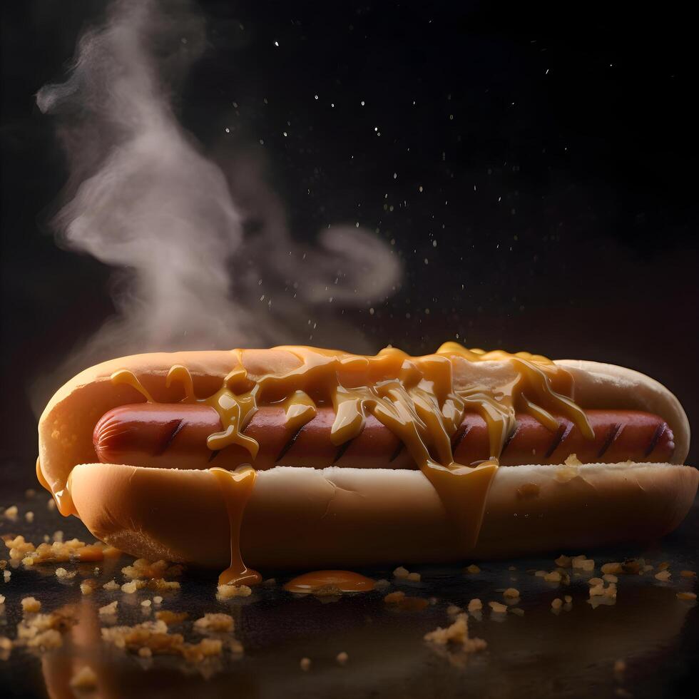 quente cachorro com mostarda e ketchup em uma Sombrio fundo. velozes comida., ai generativo imagem foto